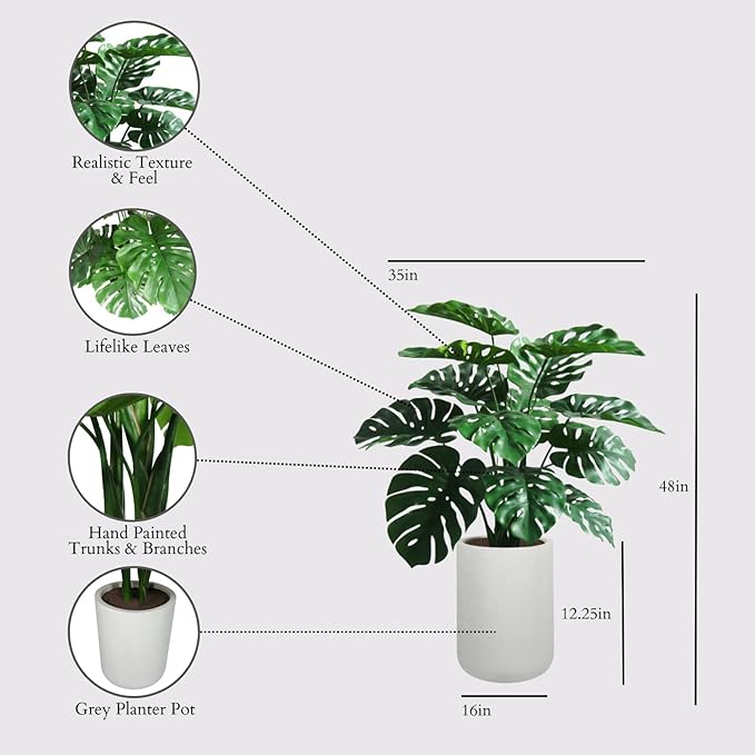 Monstera Tree, Premium Artifcial Indoor Tree Stands 4' Tall, Lifelike-Leaves & Hand Painted Trunk, Planter Pot Included