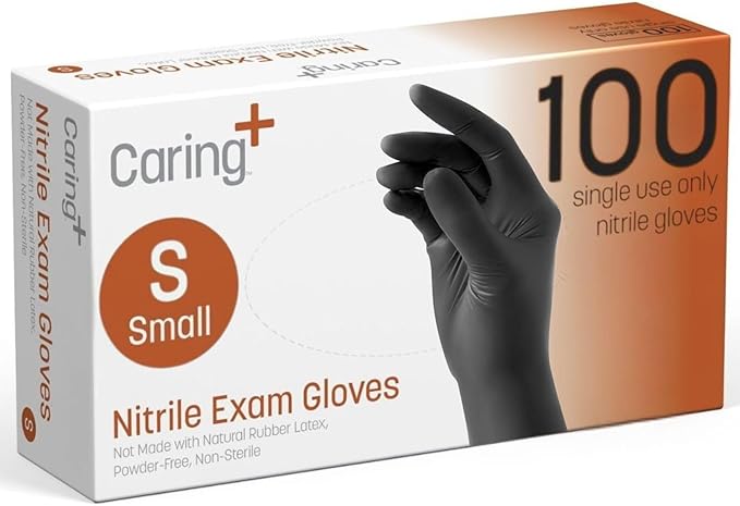 Caring Nitrile Exam Gloves, 100 Count, Powder Free and Without Natural Rubber Latex, Gloves for Cleaning, Food Prep, Black