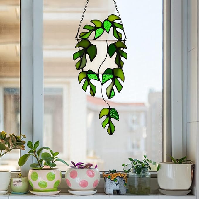 BOXCASA Stained Glass Window Hanging - Handmade Monstera Leaf Suncatcher for Plant Lovers,Plant Gifts for Women,Grandma,Mother's Day,Christmas