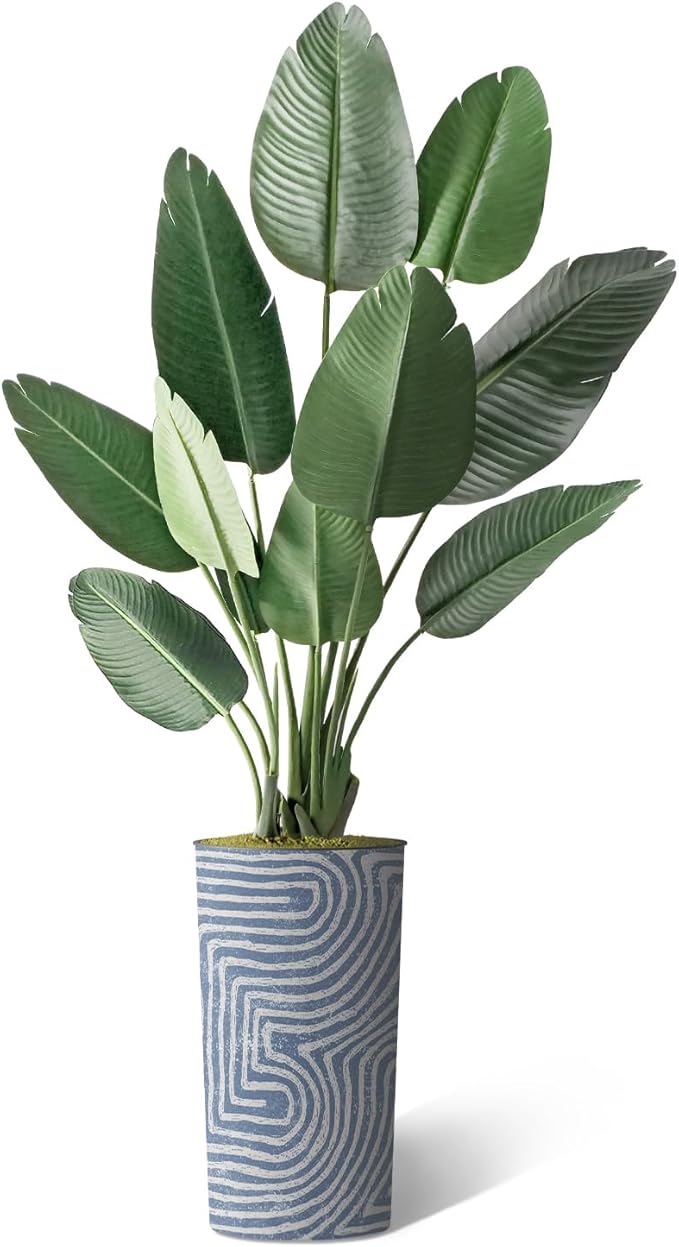 Artificial Tree in Contemporary Geometric Pattern Planter, Fake Bird of Paradise Silk Tree for Indoor and Outdoor Home Decoration - 67" Overall Tall (Plant Pot Plus Tree)