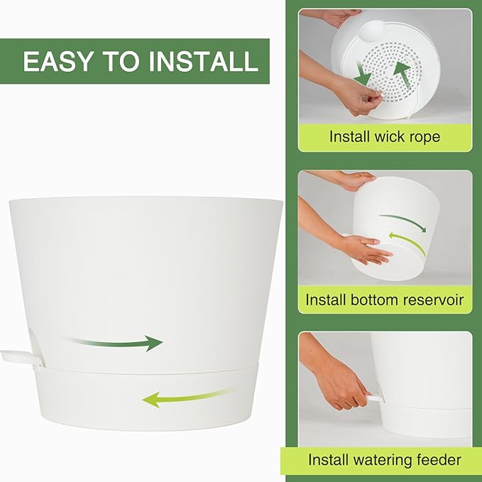 SwinDuck 12inch Large Self Watering Plant Pot, Plastic Cylinder Planter with 60Oz Deep Reservoir and Saucer for Indoor Outdoor Plants Flowers Houseplants, White