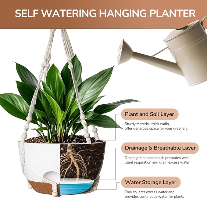 LESOASIS 12 Inch Hanging Baskets for Plants Outdoor, Hanging Planters for Indoor Outdoor Plants, Hanging Planter with Self Watering, Hanging Flower Pots (White Planter with Macrame + Iron Hangers)