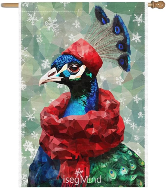 Peacock with Red Scarf and Hat Snowflake Christmas Garden Flag, 28x40 Inch Double Sided Linen Holiday Red Winter Farmhouse Yard Outdoor Decoration (4343)
