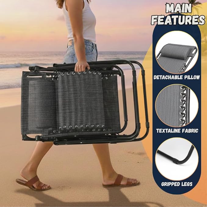 EZONE 1 - Chair Zero Gravity Lounge Chair Outdoor Adjustable Reclining Patio Chair Steel Mesh Folding Recliner for Pool Beach Camping Lounge Chair with Pillow and Cup Tray (1, Grey)