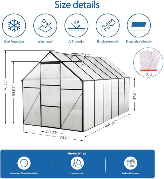 6x12 FT Polycarbonate Greenhouse Raised Base and Anchor Aluminum Heavy Duty Walk-in Greenhouses for Outdoor Backyard in All Season Black