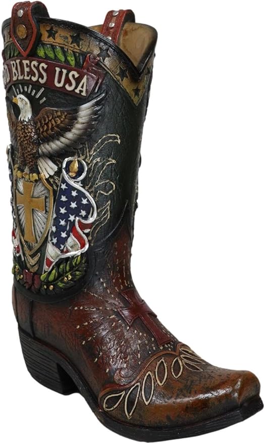 Ebros Gift Rustic Western Country USA American Flag God Bless USA Eagle Seal Crest Cowboy Boot Decorative Flower Bouquet Vase Or Planter Figurine 10" High