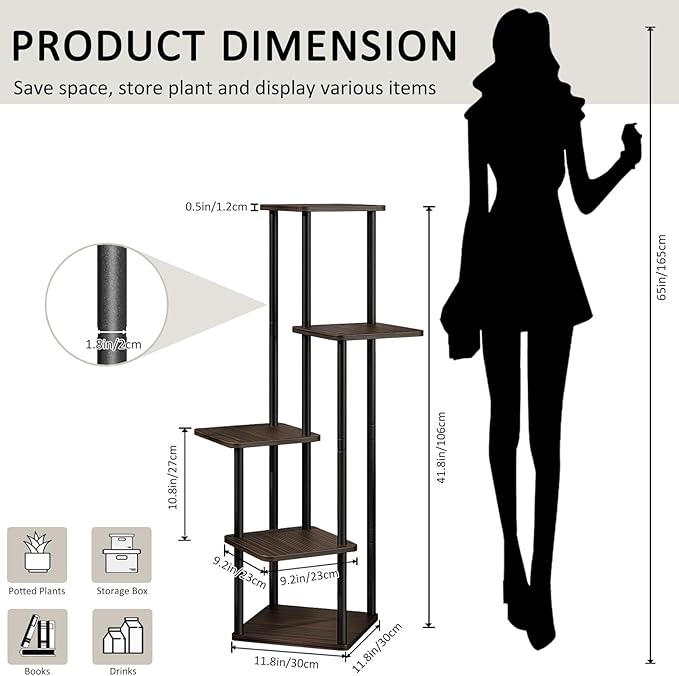 YOCOMEY 5 Tier Wood Tall Plant Stand Metal Rack Indoor, Multiple Flower Pot Holder Shelves Corner Rack, Planter Shelf Display Rack Storage Organizer for Patio Living Room Balcony Garden(Black Oak)