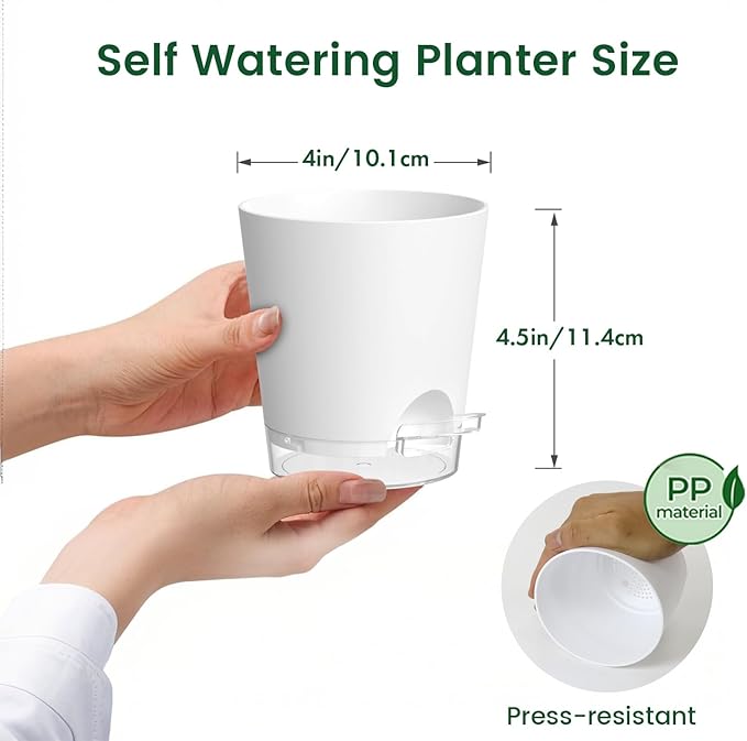 Meowell 4 inch Self Watering Pots for Indoor Plants, 5 Pack Small Flower Plant Pots with Drainage Holes and Clear Reservoirs, Visible Water Level, Plastic Planters with Wicking Rope, White