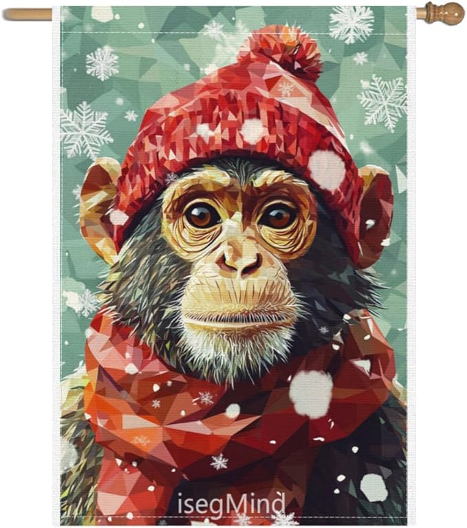Monkey with Red Scarf and Hat Snowflake Christmas Garden Flag, 28x40 Inch Double Sided Linen Holiday Red Winter Farmhouse Yard Outdoor Decoration (4340)