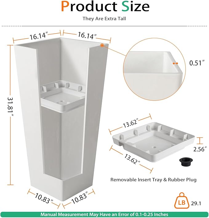 Heyzier Tall Planters for Outdoor Plants, Large Resin Flower Pots for Garden, Front Porch, Patio, Indoor - Set of 2 (White, 32 inch - 2 Pack)