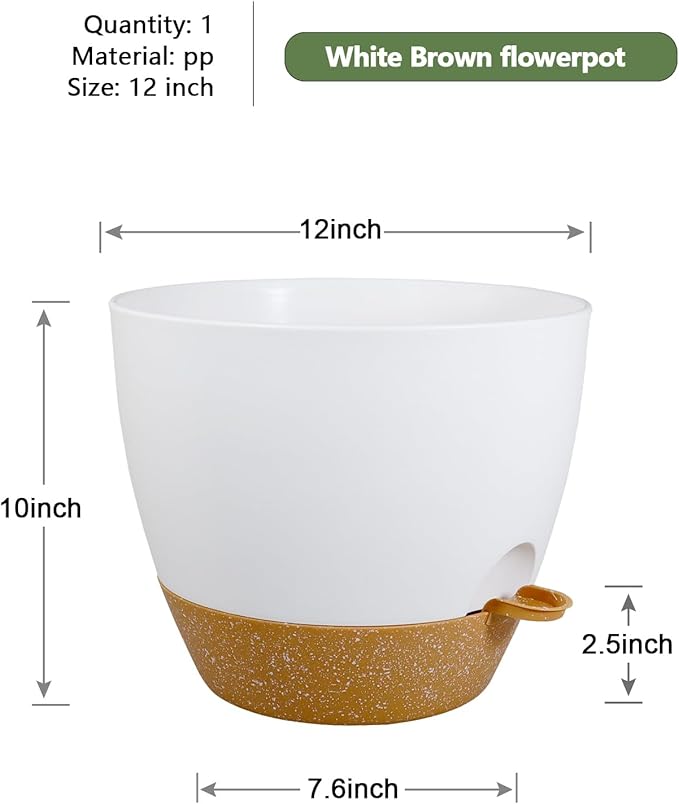 WSMKSZ 12 inch Large Self Watering Pots, Flower Plant Pots with Drainage Holes for Indoor Outdoor Garden Plants, Plastic Planters with Removable Deep Reservoir, White with Brown