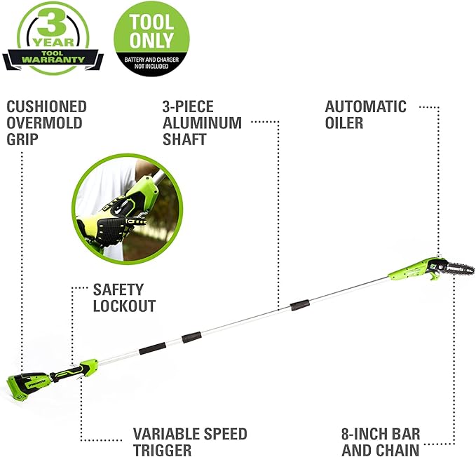Greenworks 24V 8" Cordless Polesaw (Great For Pruning and Trimming Branches / 200+ Compatible Tools), Tool Only