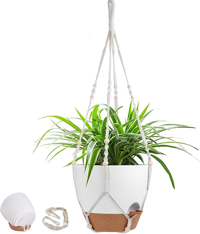 Vanslogreen 41.5 Inch Macrame Plant Hanger Indoor Outdoor with 12 Inch Flower Pot, Hanging Planter for Plants Holder with Wood Beads for Boho Home Decor (Ivory+White)