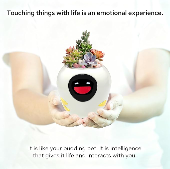 Odpaltoy Smart Plant Pot with Expression, AI Intelligent Flower Pot for Indoor Decoration, Smart Garden Pot with Water/Light/Temperature Sensors, Ivy AI Planter (White（Big）)