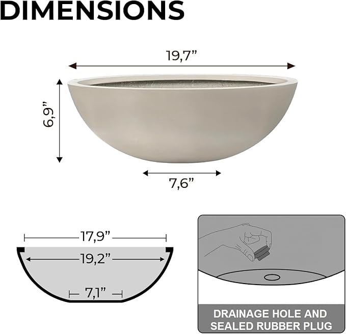 KUTE NEST 6.9" H x 19.7" D Round Bowl Fiberstone Planter for Succulent and Lotus with Drainage Hole, Smooth Finishes, Weather Resistant, Included 2 Extra Coco Mats (Taupe, 17.9" Pot Opening)