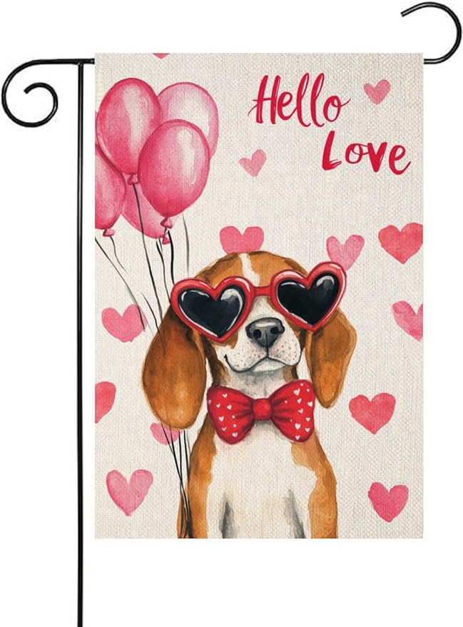 Valentine's Day Beagle Hello Love Garden Flag, House Yard Plaid Love Heart Outside Decoration, Spring Holiday Wedding Anniversary Outdoor Small Decor 12x18(12616)