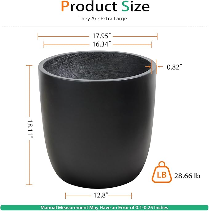 Heyzier Concrete Planter Outdoor Indoor, Large Cement Plant Pots for Trees Flowers (Black, 18 inch)