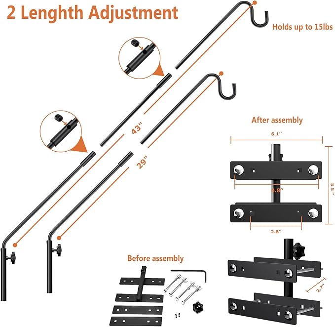 IVOODi Heavy Duty Deck Hook-Deck Railing Plant Hanger, 29 to 43 Inch Extended Bird Feeder Hanger W/Double Clamps,Versatile Deck Shepherd Hook for Hanging Bird Feeders,Lanterns,Planters etc.