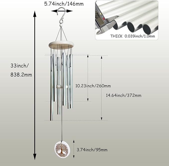 Aoedelyart Wind Chimes Outdoors,33" WindChimes for Loss of Loved One,Memorial/Sympathy Gifts for Mother/Unisex/Father,Tree of Life Wind Chimes for Outside Zen Garden Home Yard Decoration (Silver)