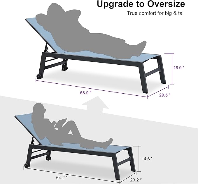 PURPLE LEAF Outdoor Chaise Lounge Set for 2 Oversized Pool Lounge Chairs with Easy-to-Move Wheels and Adjustable Backrest Extra Large Patio Loungers for Poolside Deck Beach Yard Table Included, Teal