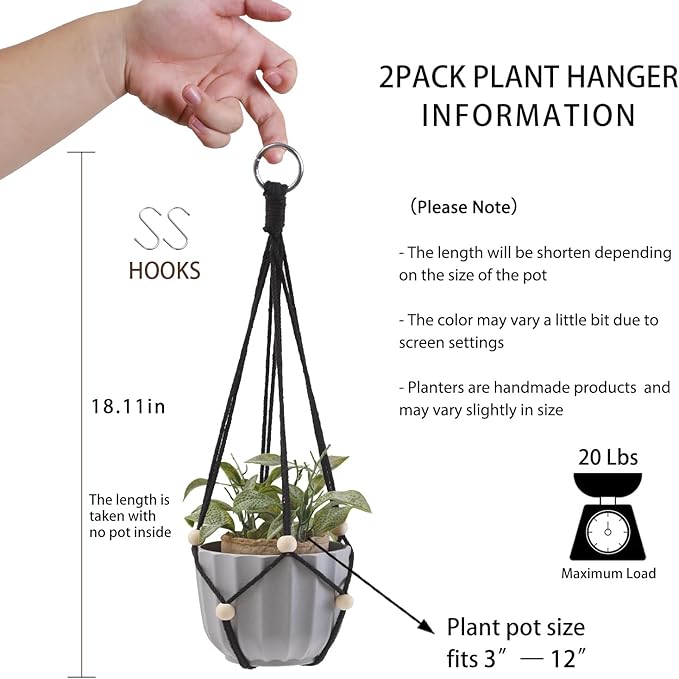 Artilady Black Hanging Planter for Indoor Plants Macrame Plant Hanger Large Hanging Plant Holder Basket with Adjustable Beads Outdoor Window Boho Plant Wall Decor (Black Bead)