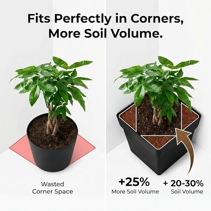 RooTrimmer 6-Pack 7'' Square Planters with Built-in Drainage Tray – Heavy-Duty Black Plastic Planter with Drainage Hole and Bottom Stopper, BPA-Free Black Plant Pots Matte Finish for Indoor Outdoor