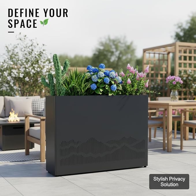 Vrtizalv Metal Rectangular Planter Box, 36” x 12” x 26” Heavy Duty Tall Rounded Corner Spliced Hollowed-Out Design Planter for Porch, Garden, Patio, Yard Outdoor Plants