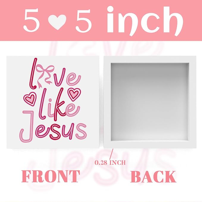 Valentines Day Decorations, Valentines Day Gifts for Her Him, Gift for Boyfriend Girlfriend, Pink Heart Bow Jesus Anniversary Wooden Box Sign Husband Wife Home Office Bedroom Desk Decor