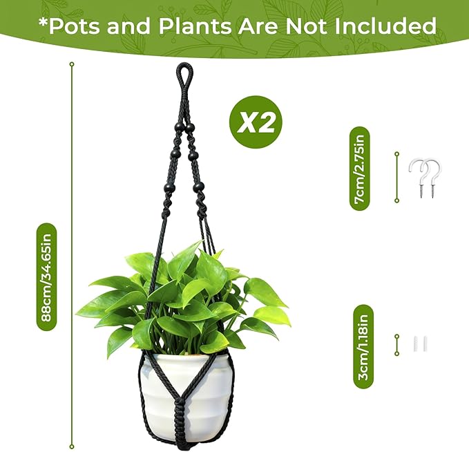 EJGIEGSO Macrame Plant Hanger, Up to 4-15 inch Pots, Wood Beads Cotton Hanging Planter Holder for Indoor Outdoor Boho Home Decor, 35 Inch, Set of 2 (Black)