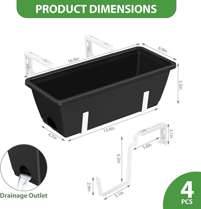 OYEAL 4 Pack Railing Planter Box Outdoor, 17 Inch Plastic Flower Pots with Adjustable Brackets, Hanging Window Boxes Planter Flower Herb Plant Pot for Garden Fence Patio, Balcony Decor, Black & White