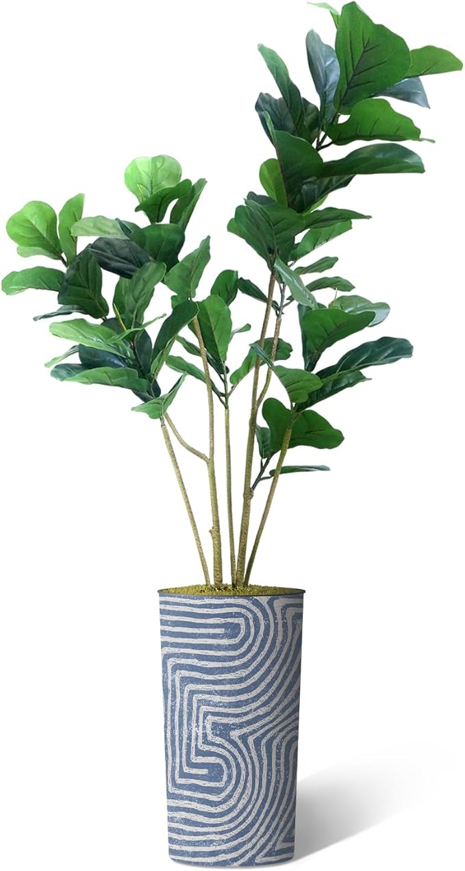 Artificial Tree in Contemporary Geometric Pattern Planter, Fake Ficus Lyrata Silk Tree for Indoor and Outdoor Home Decoration - 66" Overall Tall (Plant Pot Plus Tree)