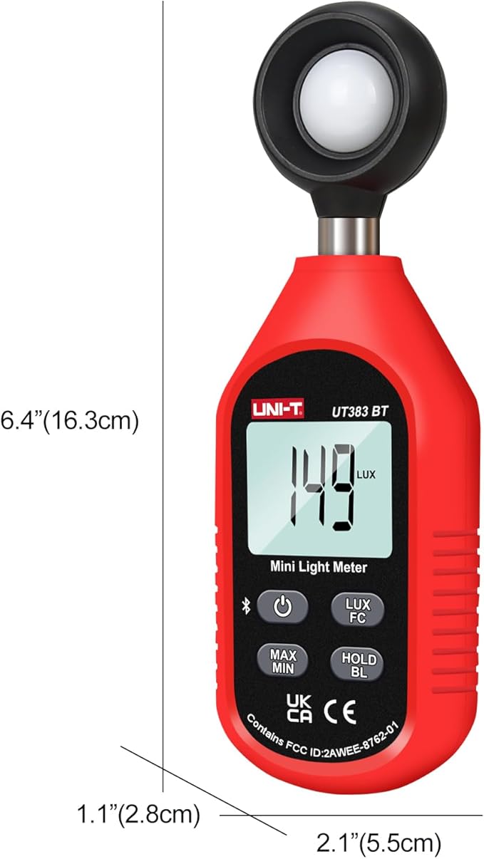 UNI-T Light Meter UT383BT Lux Meter Lumens Digital Illuminance Meter 0~199900 Lux (0~18500 FC) Foot Candles Luxmeter for Film Photography Plants Photometer Lighting Intensity Brightness Measurement