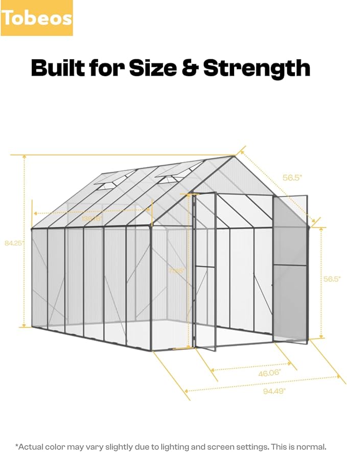 8×12 FT Walk-in Greenhouse Polycarbonate Greenhouse for Outdoors, Heavy Duty Backyard Garden Greenhouse with Aluminum Frame, Clear Panels, Adjustable Roof Vent, Rain Gutter System, Patio