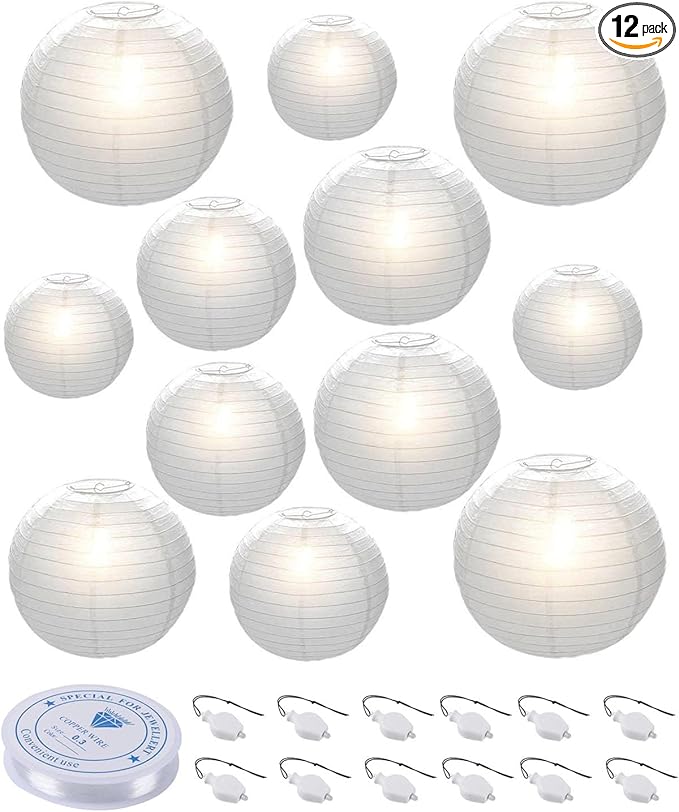 HAUSPROFI Paper Lanterns, 6" 8" 10" 12" Round Paper Lantern with LED Lantern Lights for Indoor and Outdoor Decoration - (Lanterns: 12pcs, Warm White Lights: 12pcs)