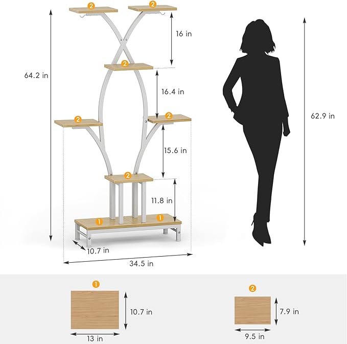 VOZZYOTO Plant Stand Indoor with Grow Lights - 7 Tiered Metal Corner Shelf for Multiple Plants, 63" Corner Plant Stand for Indoor Plants, X-Shaped Plant Rack for Home, Living Room, Office & Patio Decor