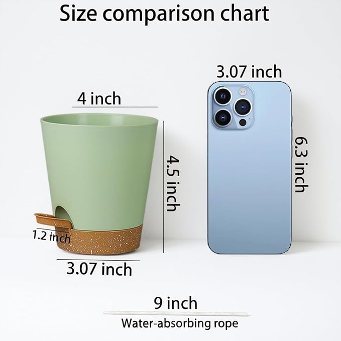 zople 12 Pack 4 Inch Self Watering Plant Pots with Drainage and Saucers，Plastic Flower Pots for Indoor and Outdoor Plants, Nursery Planters for Houseplants and Herbs Green Brown, 4 inch 12pcs