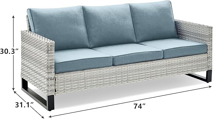 Rilyson Wicker Outdoor Couch Patio Sofa - 3 Seater Rattan Outdoor Patio Couch with Waterproof Wicker,Comfortable Cushions and Sturdy Metal Frame for Outside Porch Deck Backyard(Light Grey/Sky Blue)