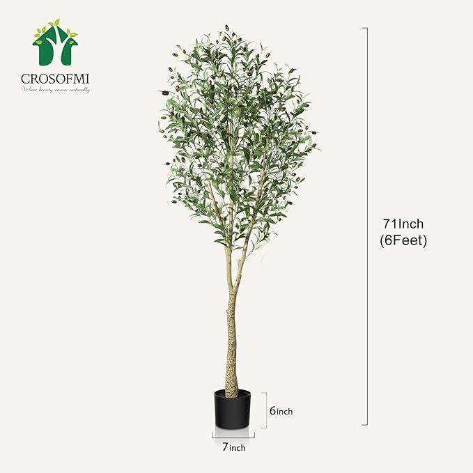 CROSOFMI Artificial Olive Tree Plant 6Ft Fake Topiary Silk Tree, Perfect Faux Plants in Pot for Indoor Outdoor House Home Office Garden Modern Decoration Housewarming Gift,1Pcs