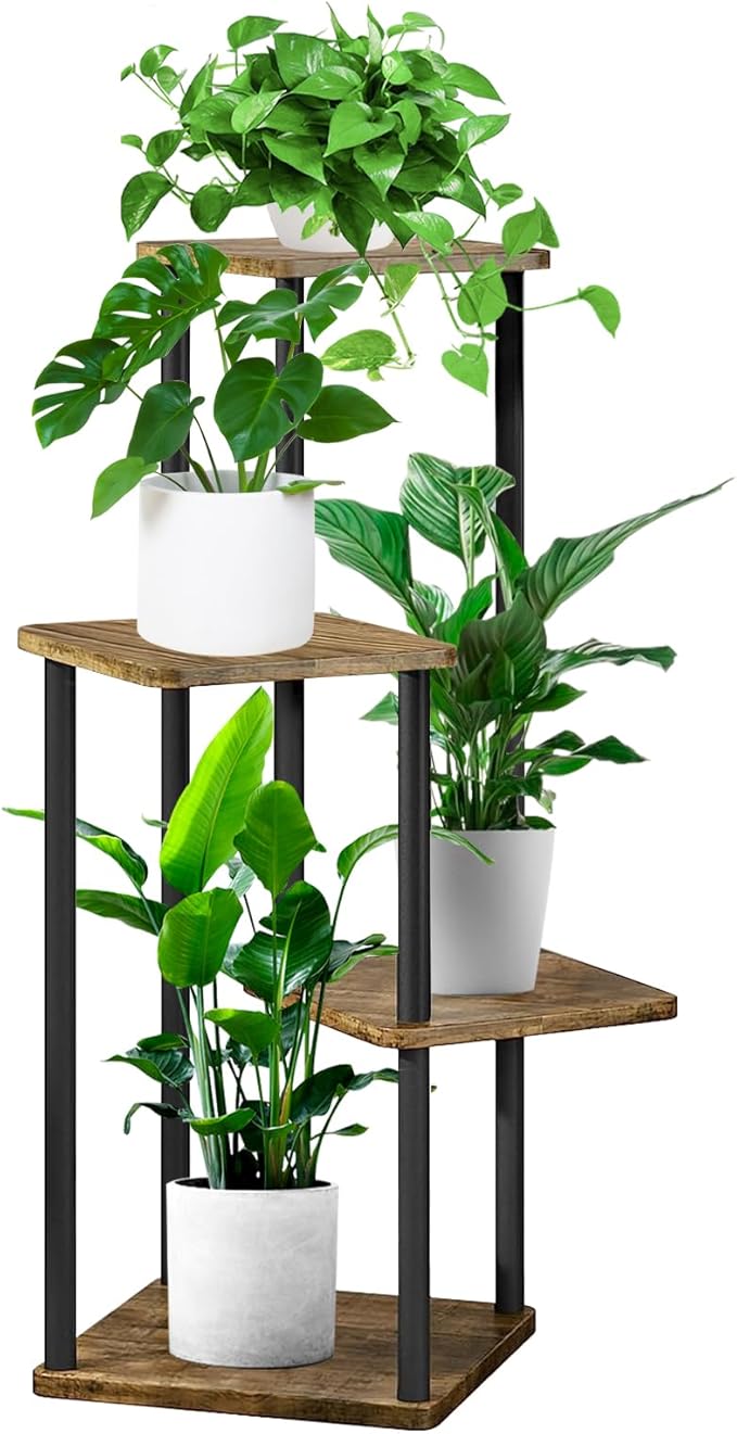 YOCOMEY 4 Tier Wood Tall Plant Stand Metal Rack Indoor, Multiple Flower Pot Holder Shelves Corner Rack, Planter Shelf Display Rack Storage Organizer for Patio Living Room Balcony Garden(Black)