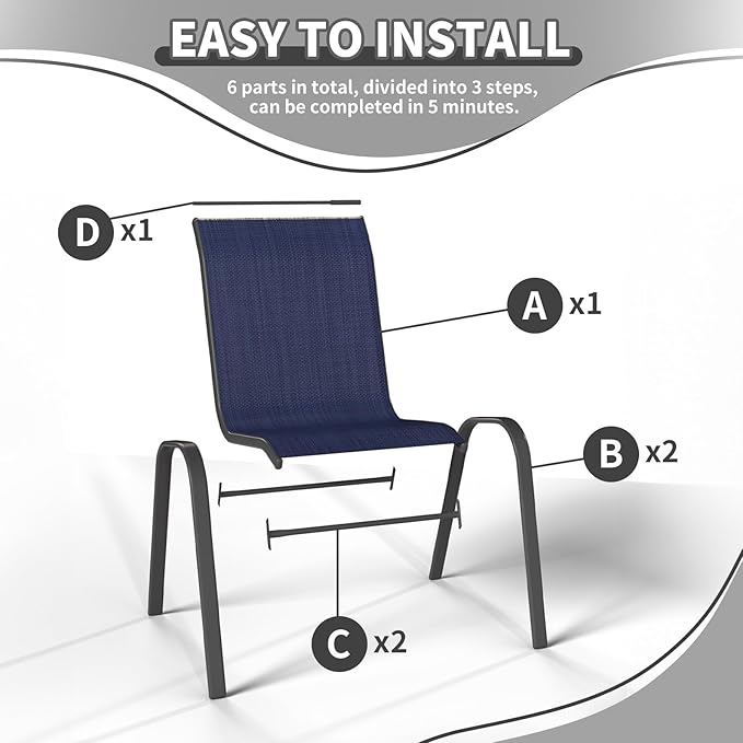 Patio Dining Chairs Set of 8, Outdoor High Stacking Chairs，Breathable Seat Fabric and Alloy Steel Frame for Backyard, Porch, Garden, Sunroom (Blue)