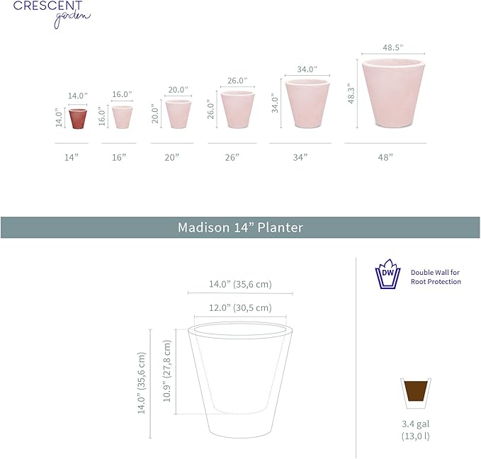 Crescent Garden Madison Planter– Weather-Resistant, Double Walled Indoor/Outdoor Plant Pot with Drain Hole – Durable All-Season Flower Container, 14" W (Slate)