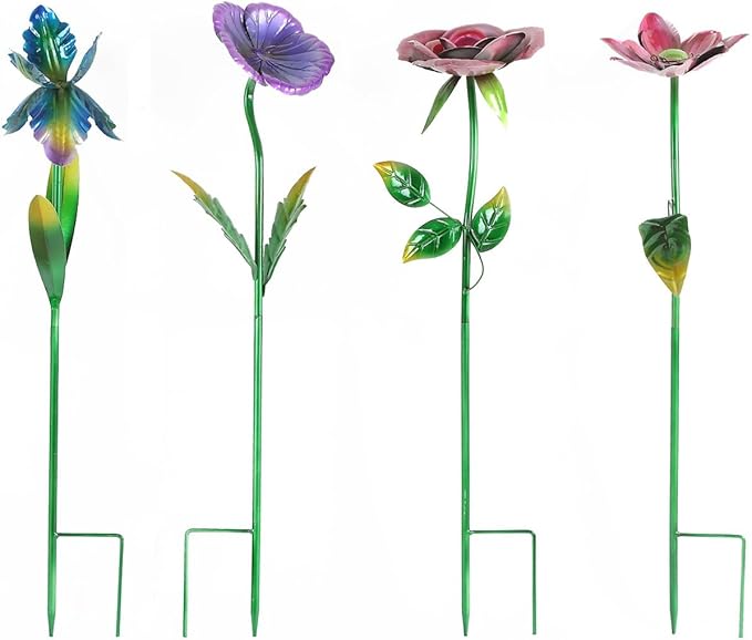 Voltogar 28.5" H Large Flower Stake Metal Decoration for Garden Set of 4, Plant Pick Art Ornaments Waterproof Stake for Lawn Porch Pathway Patio Flower Bed, Yard Outdoor Ornaments(Red & Purple & Blue)