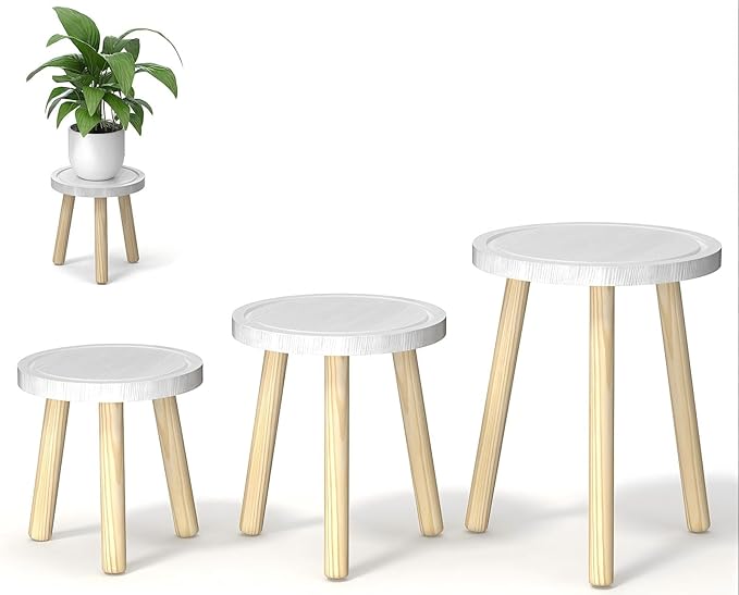 Vecxoty 3-Pack Wood Plant Stands Indoor, Single Plant Stand for 6-12 Inch Pots, Mid-Century Modern Plant Stool, Tall Plant Stand for Large Plants for Living Room, Balcony, Office (White)