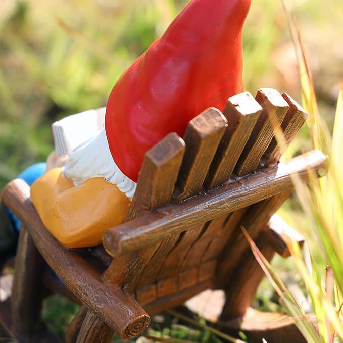 Garden Gnome Reading in Rocking Chair, Resin Decorative Statue, 7.2x6.2x4.3 inches