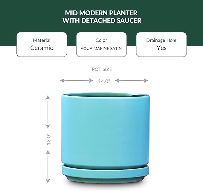 PLANTATOREM Ceramic 14 Inch Mid Modern Planter Pot with Drainage Hole and Saucer, Indoor Cylinder Round Flower Pot, Perfect for Planting Succulents, Herbs, Flowers, House Plants, Aqua Marine Satin