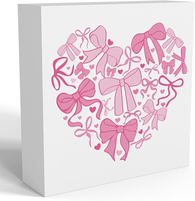 Valentines Day Decorations, Valentines Day Gifts for Her Him, Gift for Boyfriend Girlfriend, Romantic Pink Bow Heart Anniversary Wooden Box Sign Husband Wife Home Office Bedroom Desk Decor