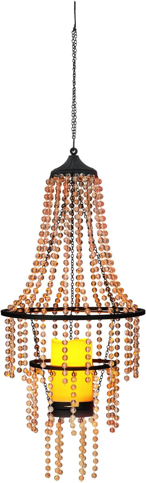 Hanging Candle Lantern Outdoor, 28” Battery Operated Modern Clear Acrylic Crystal Chandeliers with Flickering Yellow Led Candle Light S Hooks for Garden, Backyard, Gazebo, Room Indoor Indoor Decor
