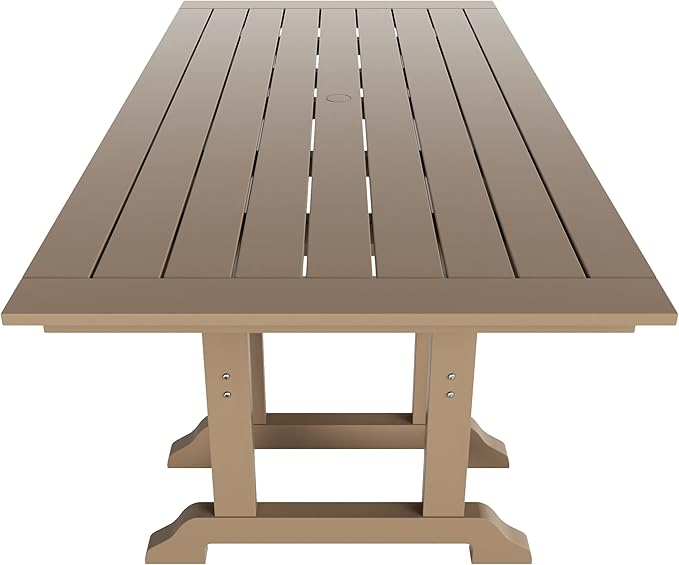 WestinTrends Malibu 6 Piece Adirondack Patio Dining Set with Bench, All Weather Poly Lumber Outdoor Table and Chairs, 71" Trestle Dining Table, 4 Adirondack Chair with Dining Bench, Weathered Wood