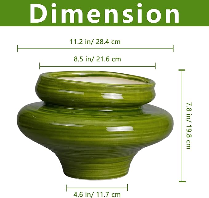 Teagas Ceramic Planters for Indoor Plants 11 Inch - Bonsai Plant Pots Outdoor, Large Planters for Indoor Plants, Green Planter with Drainage Hole, Flower Pot for Garden Decor, Gift for Women Men