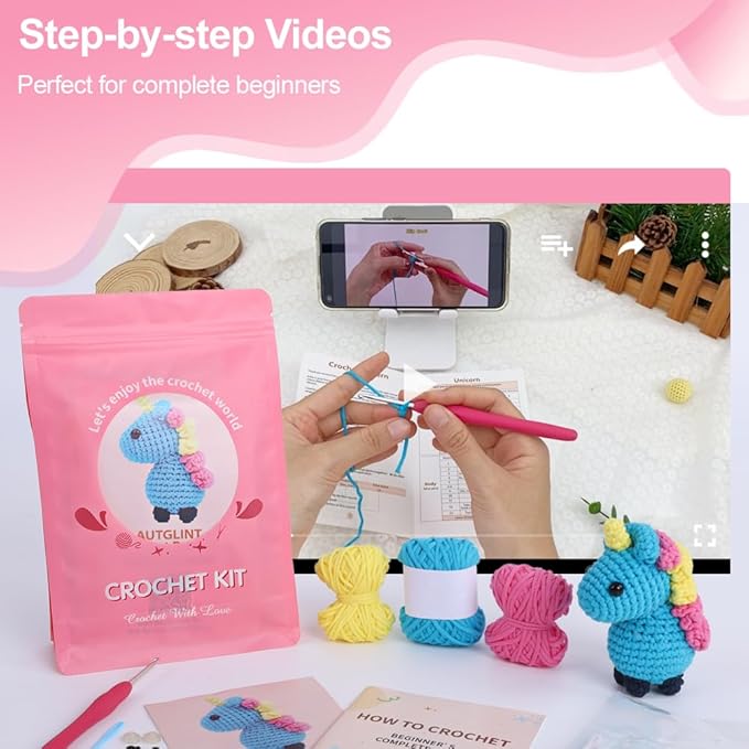 Autglint Unicorn Crochet Kit for Beginners - Magical Rainbow Amigurumi DIY Starter Set with Multi-Color Yarn | Step-by-Step Video Lessons & Pre-Started Piece | Dreamy Craft Gift for Teens